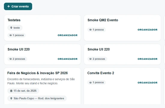 Tela de eventos do LïnkAI com encontros, participantes e organizadores